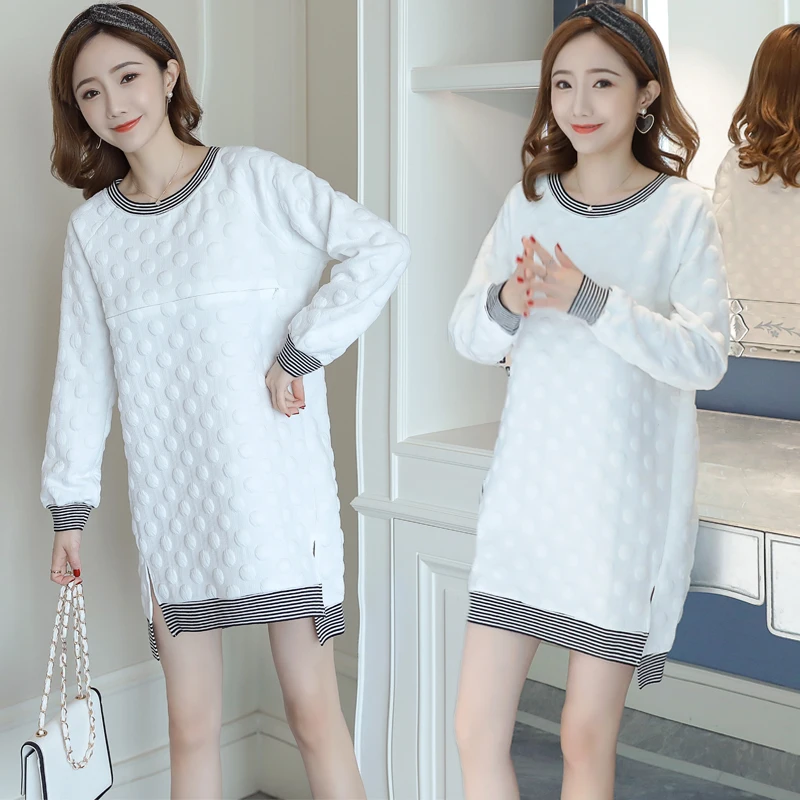 New Winter Round Collar Postpartum Women Fleece Lactation Dress Long High-Low Zipper Fly Maternity Breastfeeding Dress Cute