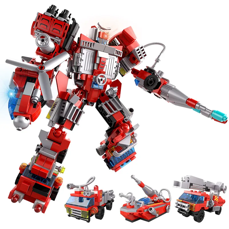 

6 in 1 City Police Robot Fire Fighting Car Building Blocks MOC Fire Truck Helicopter Fireman Figures Bricks Toys for Children