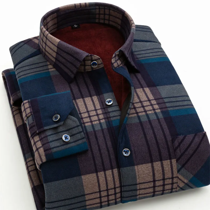 

2019 Fashion Men's Shirts Winter Warm Plush Slim Fit Striped Plaid Print BlouseMale Casual Retro Clothes Plus Size M-5Xl