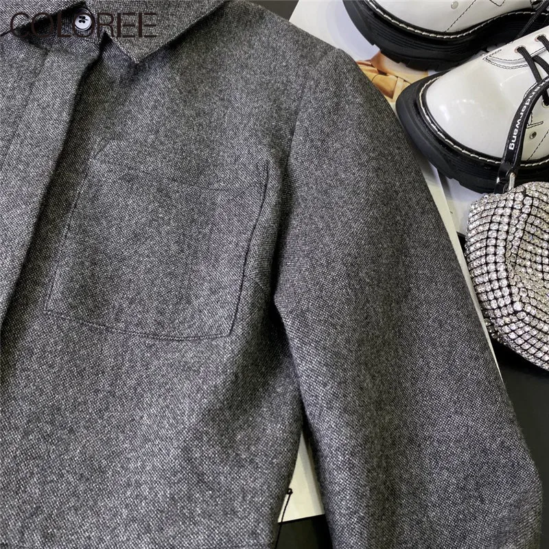 

Luxury Designers Vintage Gray Wool Dresses for Women 2021 Ladies Elegant Draped Long Sleeve Shirt Office Dress Winter Clothes