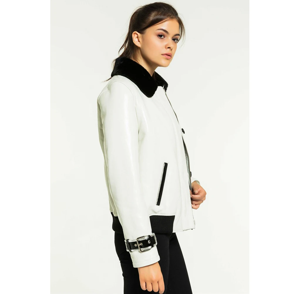 2019 New Womens White Shearling Jacket Turkey Fur Jacket College Outwear Slim Fashion Fur Coat Short Leather Jacket