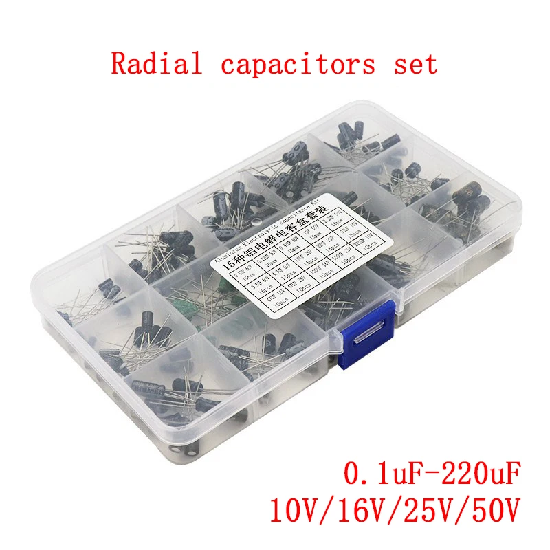 

200pcs/lot Radial capacitors set 15Values 0.1uF-220uF Electrolytic Capacitor Assortment Kit 10V/16V/25V/50V capacitor pack