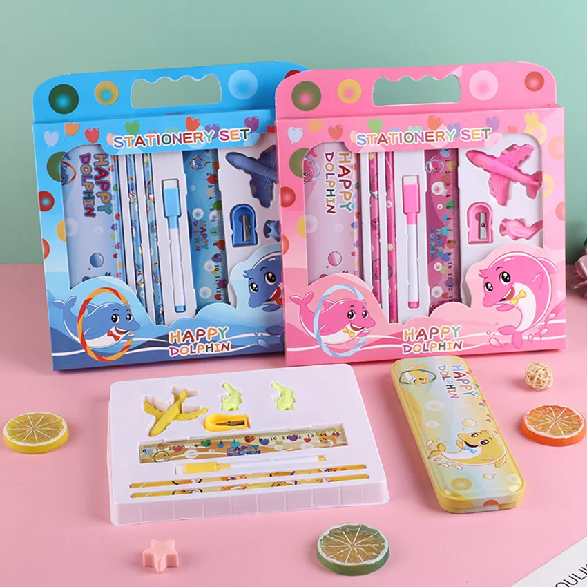 

9 In 1 Stationery Set Cartoon Stationery Box Whiteboard Marker Ruler Earser Sharpene Ruler For Boy Girls Gift School Student