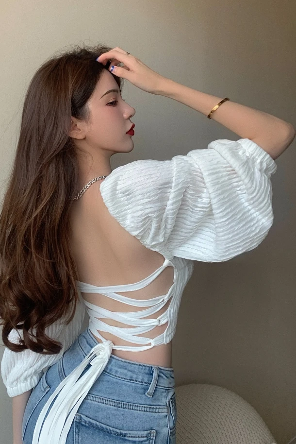 

Sexy Lace-up Backless Long Sleeves Shirt and Blouse Women 2021 Summer New Clothing Female Chic Slim Crop Tops White Blusas Mujer