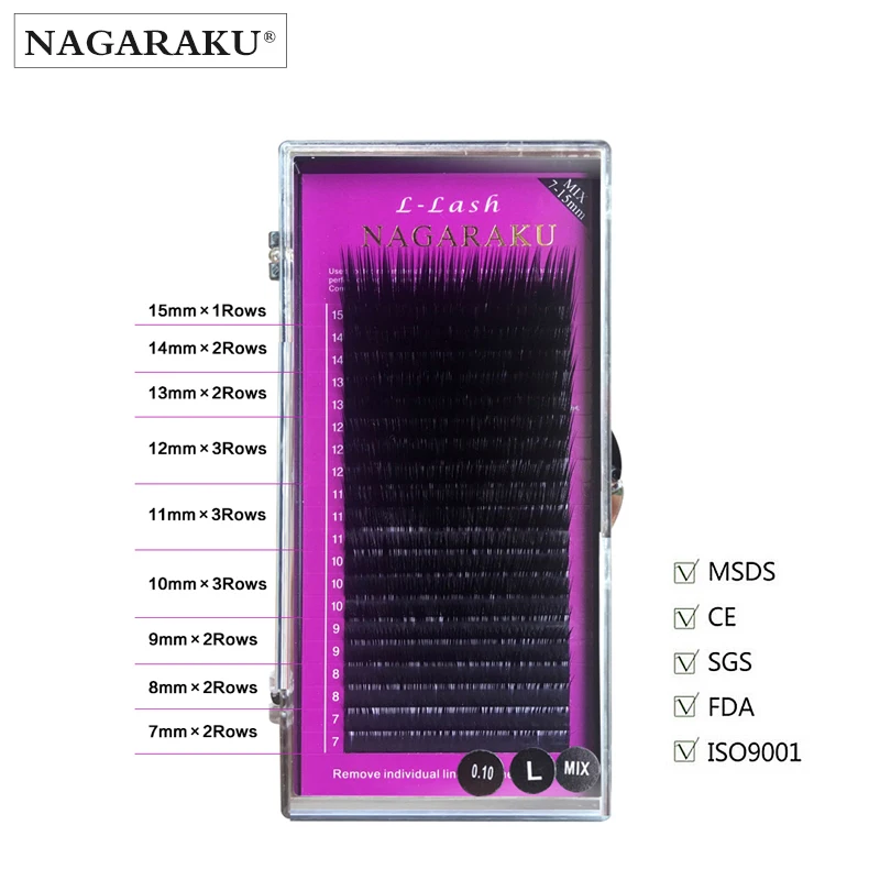NAGARAKU L curl 7~ 15 мм Смешанные норковые ресницы для наращивания L curl Индивидуальные ресницы L curl накладные ресницы Премиум Мягкие норковые 20 линий