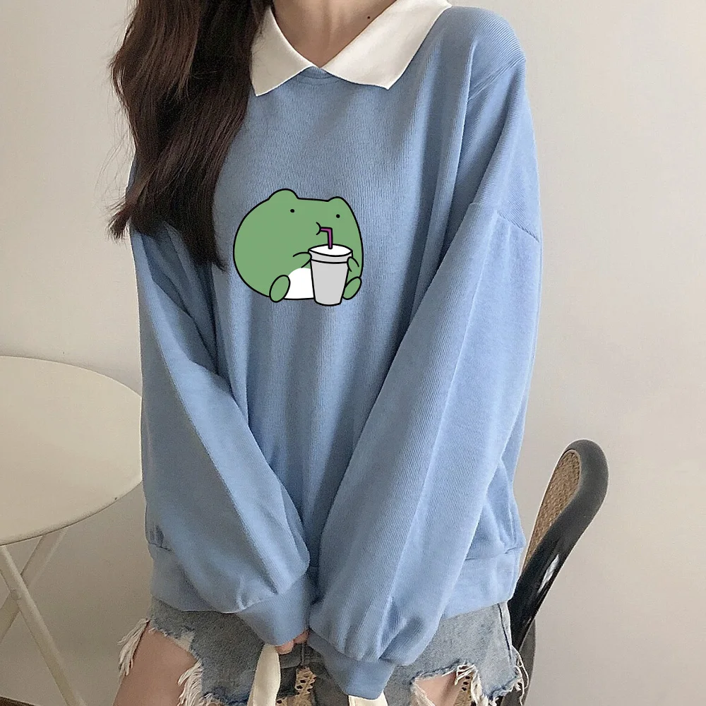 Cute Frog Hoodie for Womens Cotton Pullover Sweetshirt with Pocket Hip Hop Casual All-match Hoodies for Girls Kawaii Clothes