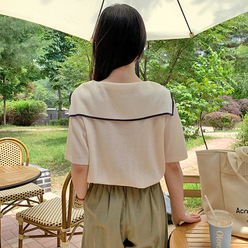 

Summer New Style Wild Blouse Female Navy Collar Hit Color Single-breasted Loose Blusa Casual Thin Short-sleeved Sweater KK640