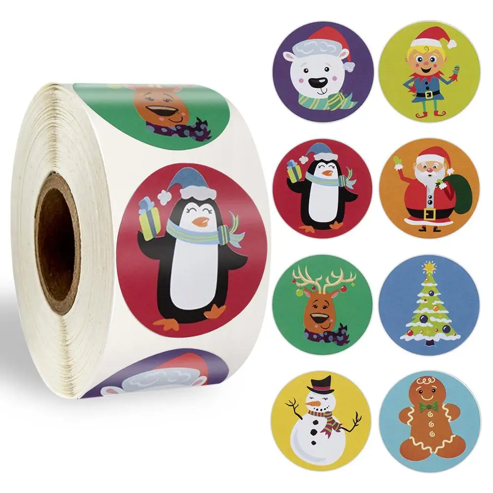 

500Pcs/Roll 8 Designs Merry Christmas Sticker Handmade Cartoon Sticker for kids Toys Christmas Gift Package Labels Waterproof