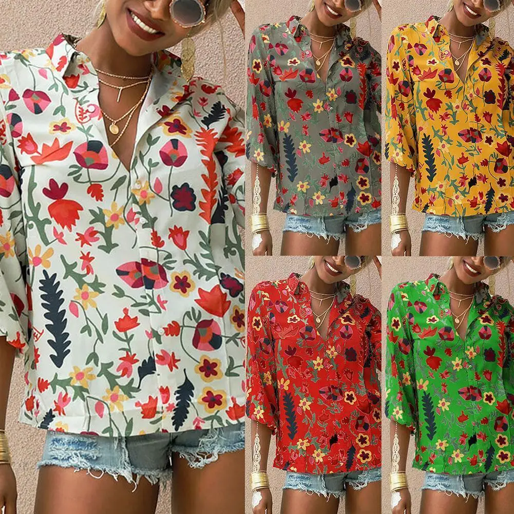 

Casual Long Sleeve Floral Print Loose Shirts Women And Tops Single Blouses Streetwear Oversized Breasted Vintage B3p5