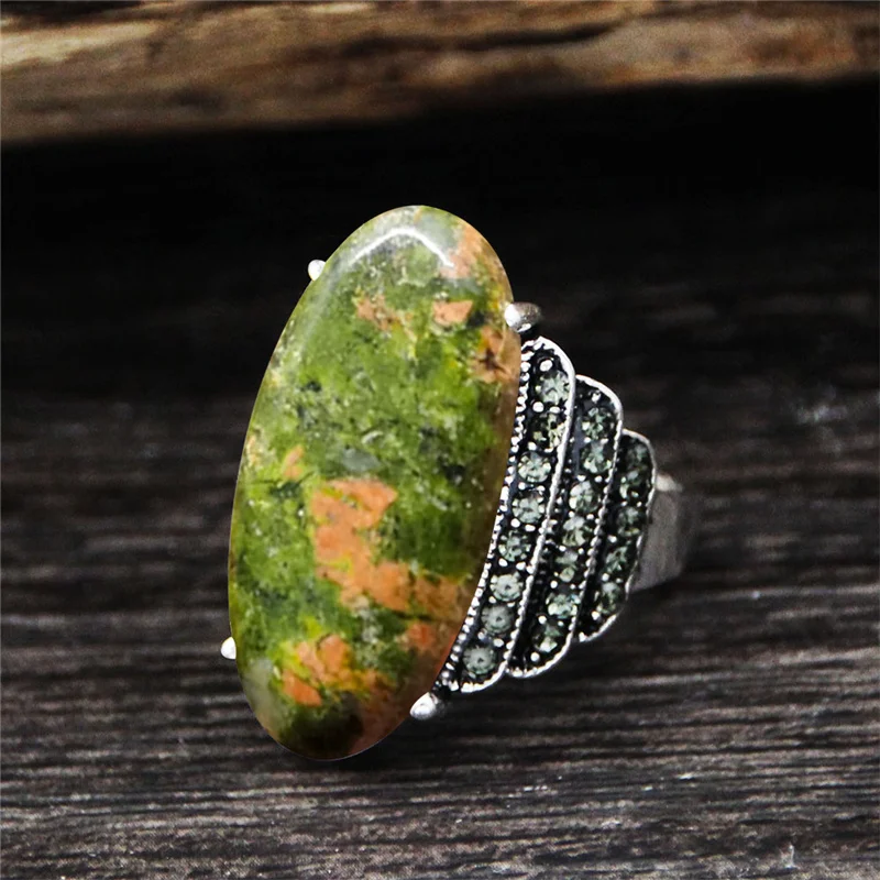 Vintage Natural Eye Shape Quartz Lapis Lazuli Rings For Women Real Antique Silver Plated Stone Unakite Rhinestone Ring | Украшения и