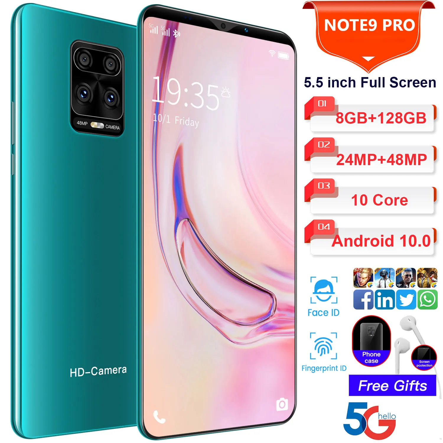 

Global Version Note 9 Pro-5.5 Inch Full Screen Smartphone 8+128GB 10 Core Android10 Cellphone 48MP Face Unlock 5G Network Phone