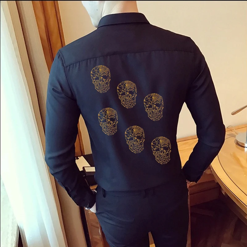 Fall Men's Shirts Suitable For Prom Parties Blouse Stand Collar Casual Business Chemise Hot Drill Skull Style Homme Long Sleeve