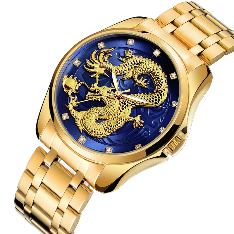 

Часы мужские Skone, кварцевые, водонепроницаемые, из нержавеющей стали, с золотым Драконом