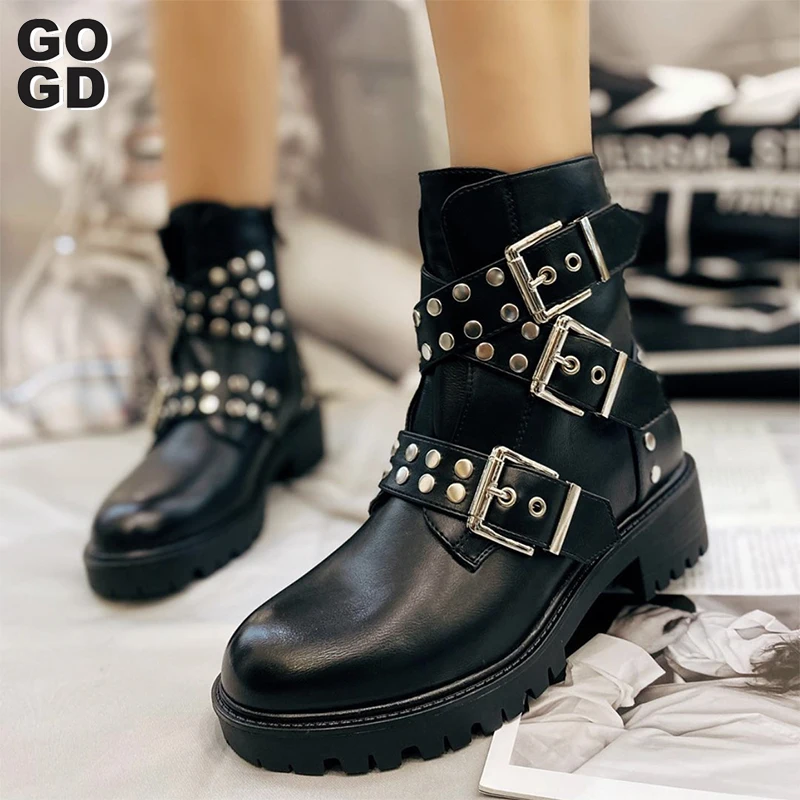 

[GOGD]ins girl Ankle Boots 2020 Fashion Rivet Shoes Woman Buckle Strap Ladies Chunky Heels Female Punk Rome Footwear size 36 41