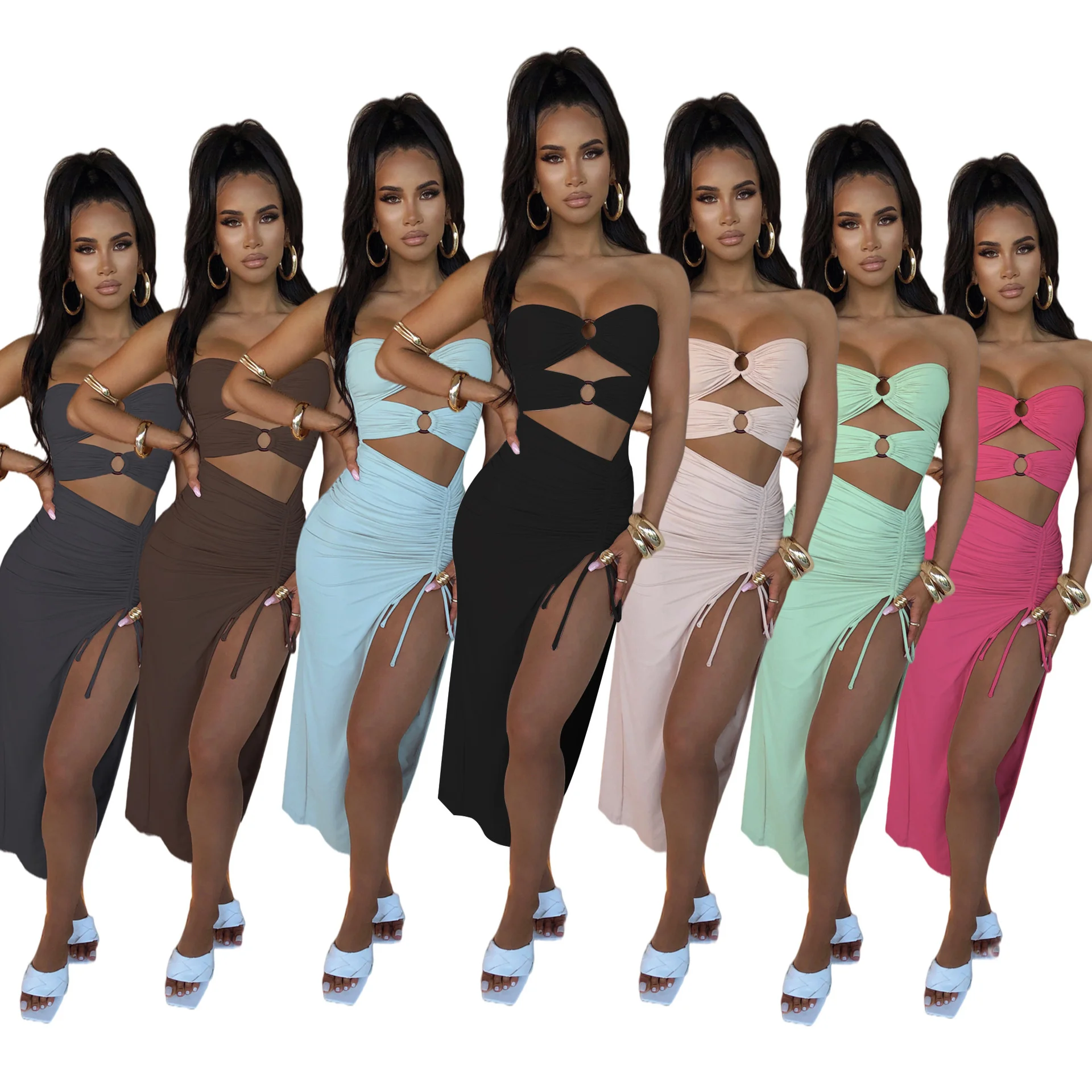 

Cutubly Sleeveless Dress For Women Pleated Sexy Long Dresses Solid Hollow Out Side Split Bodycon Strapless Maxi Dresses Summer