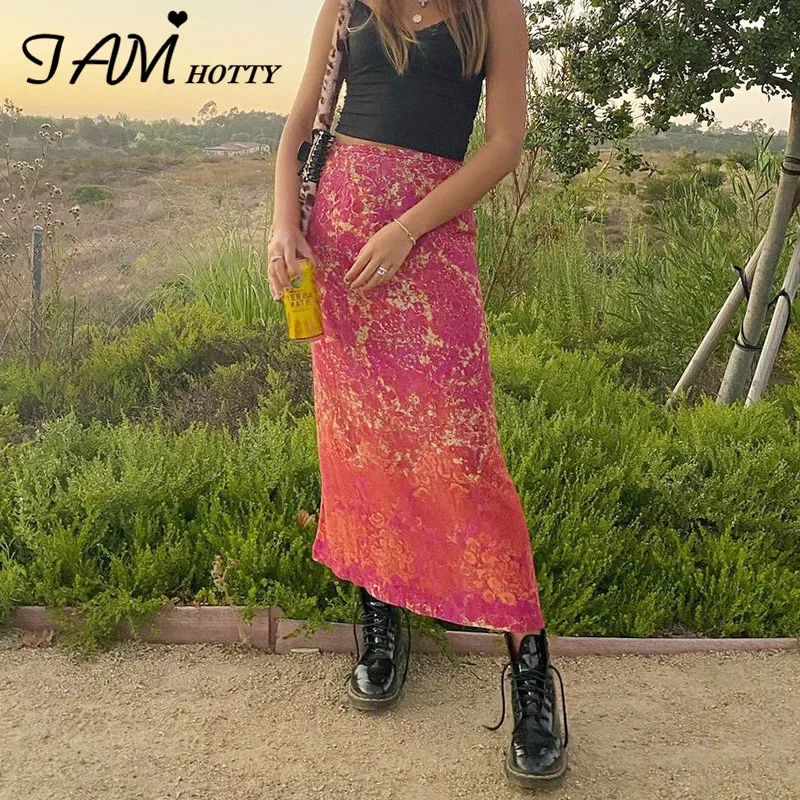 

Iamhotty Chiffon Tie Dye Printed y2k Long Skirts Women Red High-waisted Long Skirts Party Vacation Summer Outfits Cute Sundress