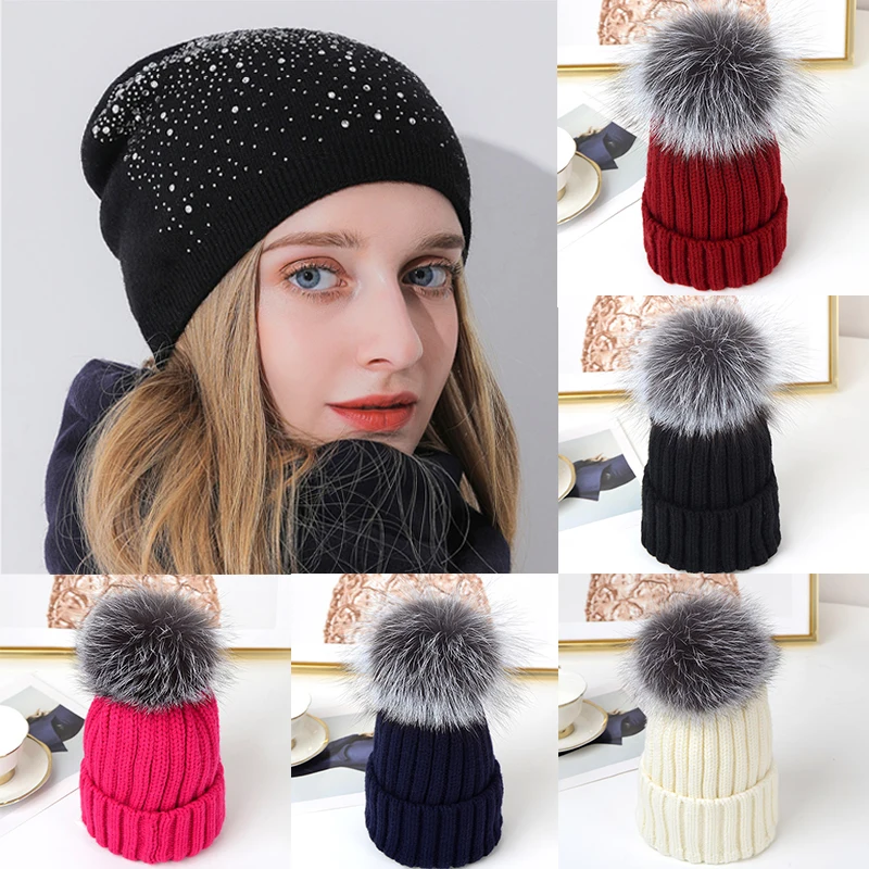 

Women Fur Hat for Winter Thicker Thermal Knitted Pompom Skullies Beanies Female Fur Pom Pom Headgear Fashion Warm Beanies Cap