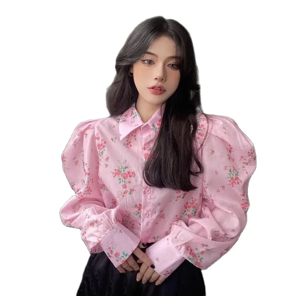 

Sweet Girl Floral Pink Shirts Women Spring Autumn New Bubble Long Sleeve Blouses Woman Button Up Cropped Tops CY215
