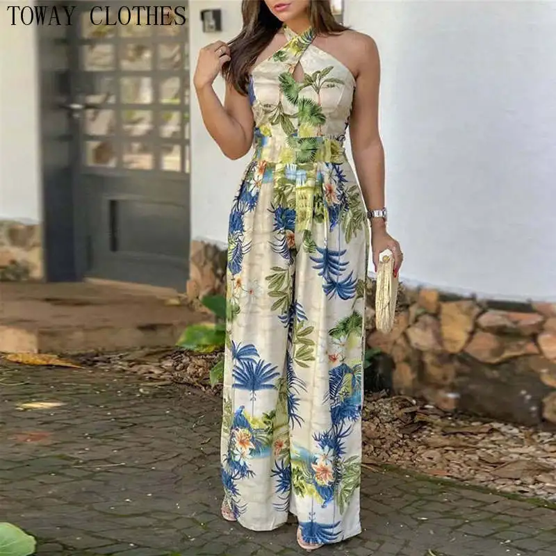 

Elegant Women Jumpsuits Overalls 2022 Crisscross Halter Tropical Print Wide Leg Romper Outfits Party Evening Sexy Outfits