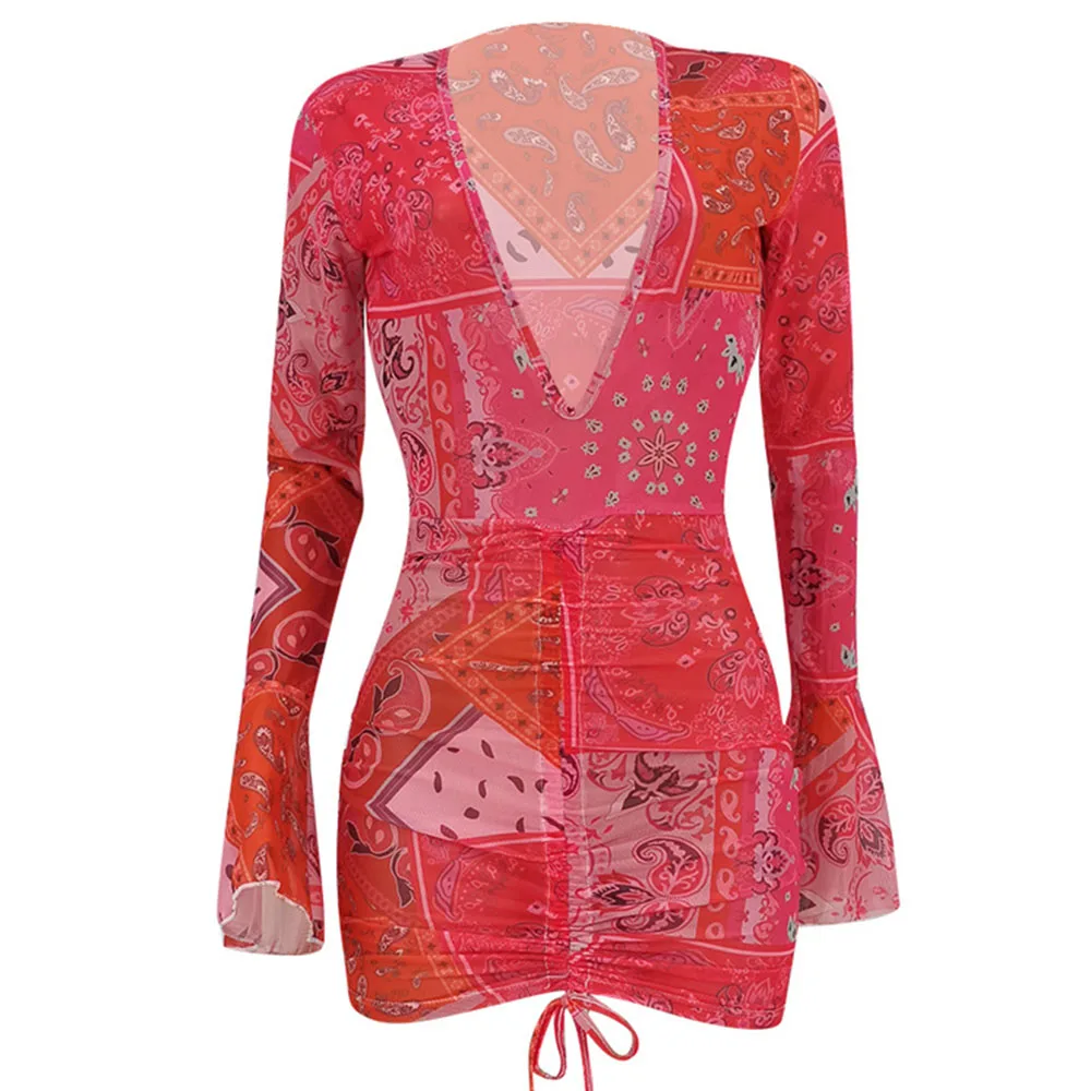 

Bandana Print Mesh Sheer Bodycon Dress Women Party Club Wear See Through Drawstring Long Sleeve Short Dresses for Women Mini
