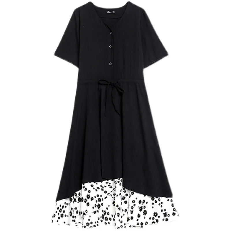 

2021 Summer Women Fashion Casual Patchwork A-line Loose Dress Elegant Short Sleeve V-neck Asymmetrical Party Dress Plus Size 5xl