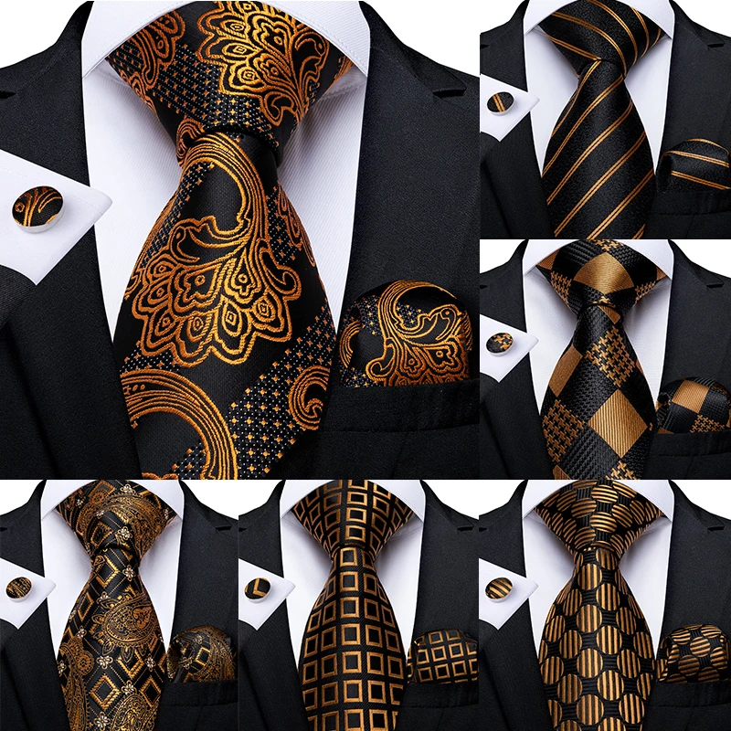 Corbata de traje para hombre, Floral de seda de 8cm para hombre, corbatas formales de seda color negro para fiesta, boda y negocios para hombre, mancuerna, conjunto de corbata de calidad, color dorado y negro, regalo