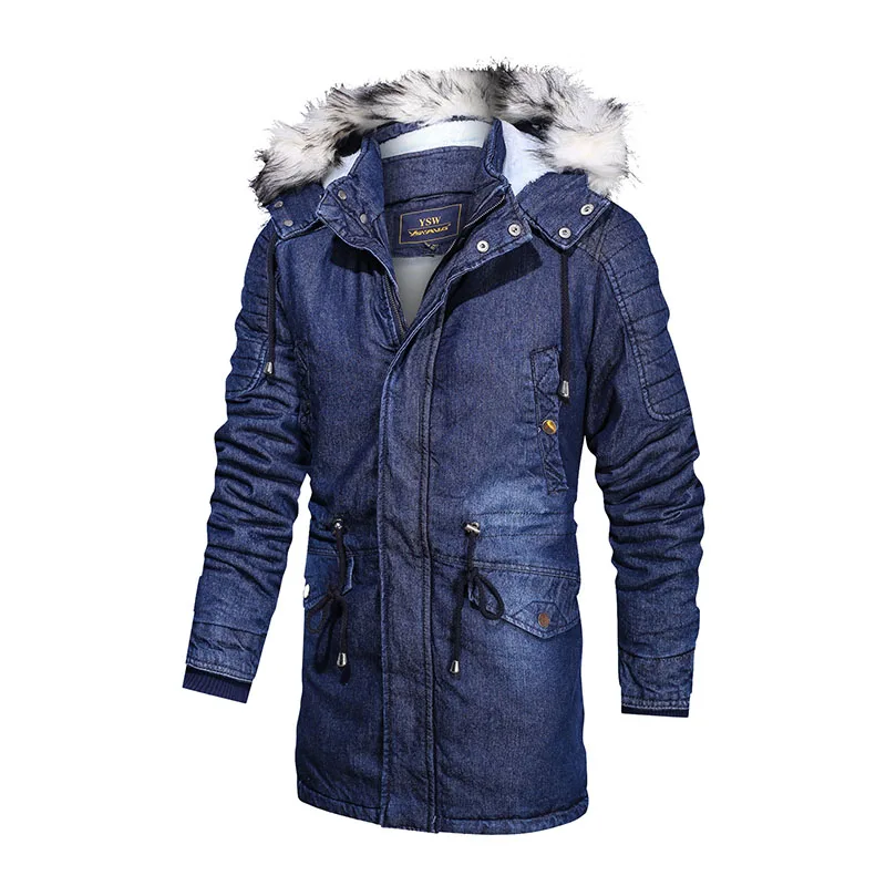 Mcikkny Мужская зимняя теплая джинсовая куртка пальто с меховым воротником толстая