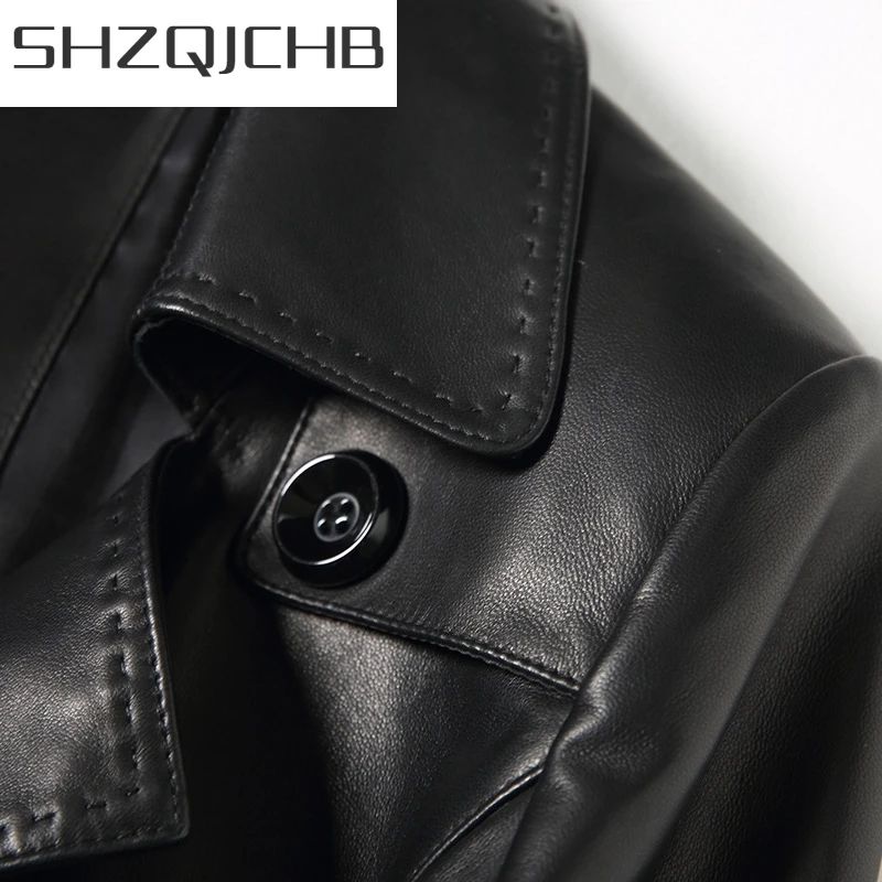 

JCHB 2021 100% Genuine Leather Elegant Jacket Women Vintage Black Long Windbreaker Runway Autumn Double Breasted Slim Sheepskin