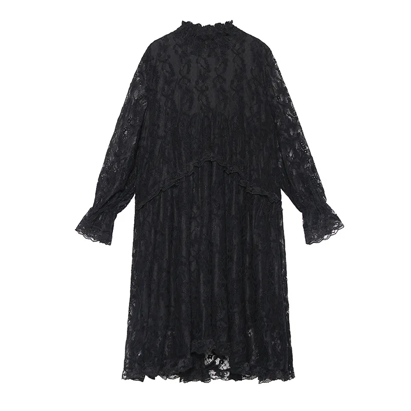 

Johnature New Ruffles Lace Women Dresses 2021 Spring Casual Fashion Solid Color Loose Irregular A-Line Butterfly Sleeve Dress