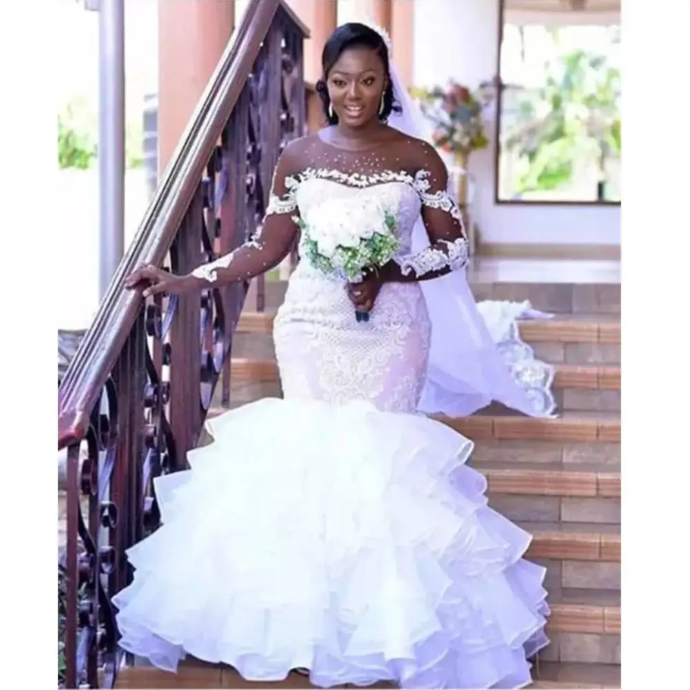 

African Mermaid Wedding Dresses Bridal Gowns Plus Size 2021 Long Sleeves Tulle Beaded Bride Dress Custom Made Vestido De Noiva