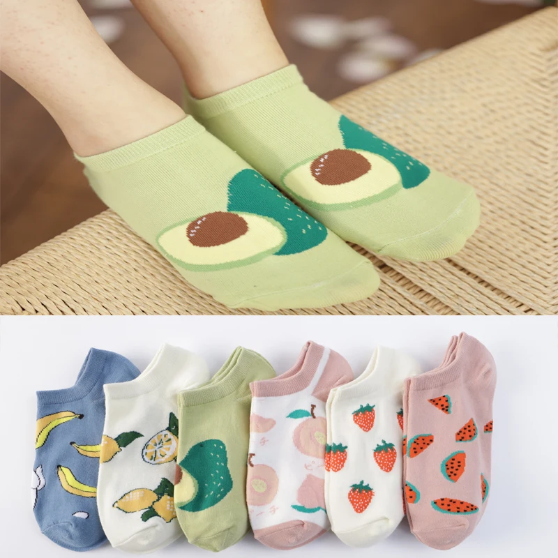 

Summer Breathable Pure Cotton Shallow Mouth Womens Socks Cute Fruit Watermelon Avocado Pattern Thin Boat Socks Invisible Socks