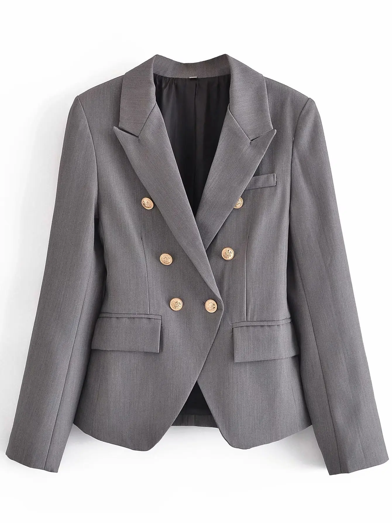 

Summer Autumn OL Women Casual Blazers Double Breasted Long Sleeve Notched Collar Slim Female Suit Jackets Grey