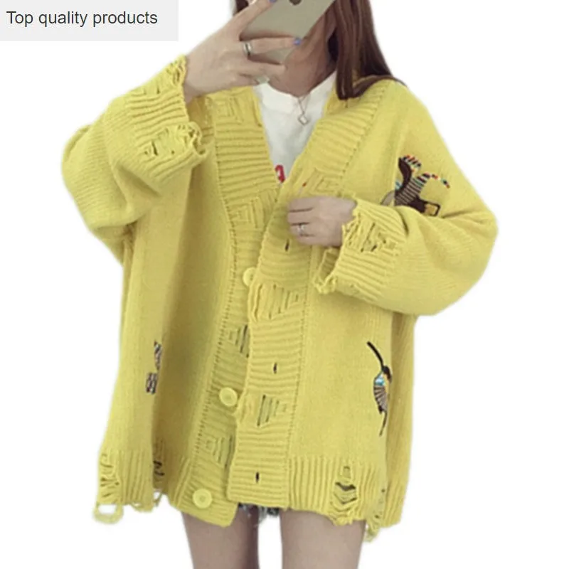 

Plus Size Loose Single-breasted Cardigans 2107 New Autumn Women's Sweater Embroidery Birds Hole Knitted Coat LH1018