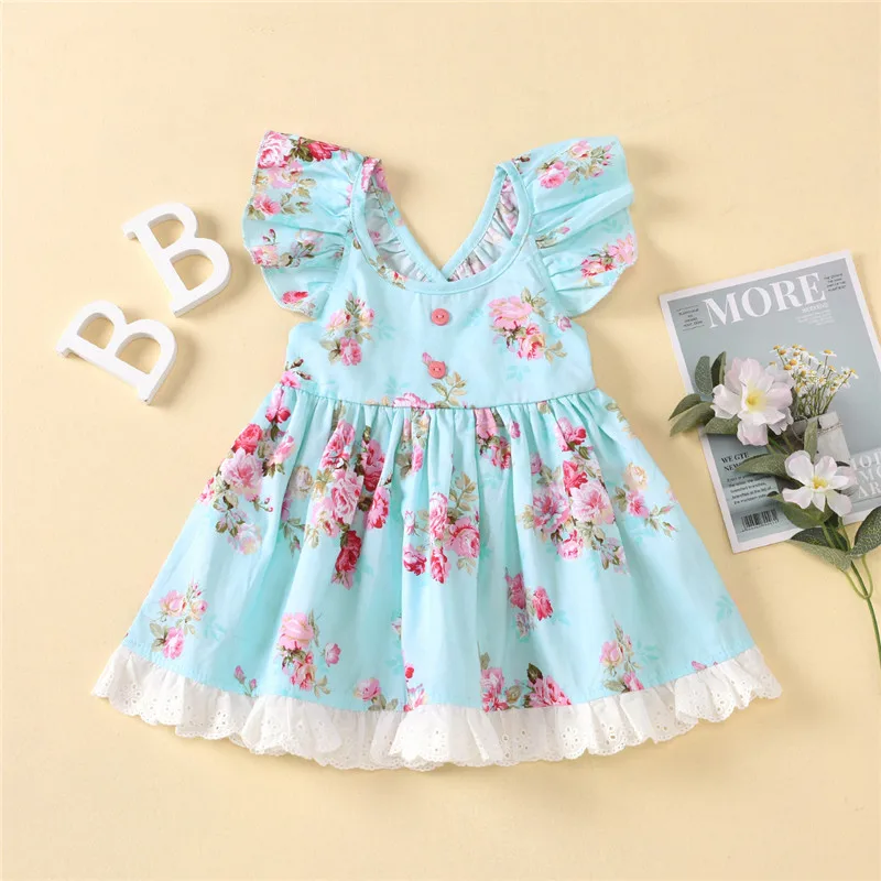 

Girls Casual Dresses Summer Sweet Baby's Dress Flower Print Flying Sleeve Ruffle Hem Children Clothing