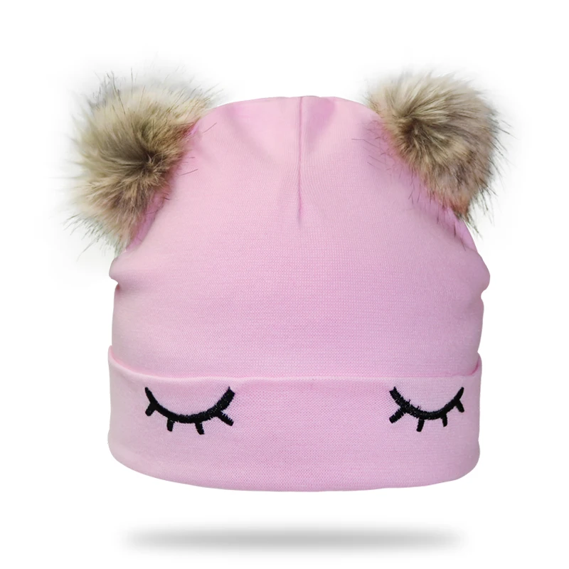 Зимняя хлопковая шапка для девочек с двойным помпоном и вышивкой | Детская одежда