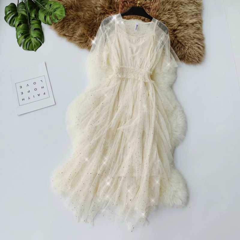 

Summer New Beaautiful Fashion Women Dress Flare Sleeve Mesh Sparkling V-neck A-Line Slim Bling Princess Dress Beach Dress