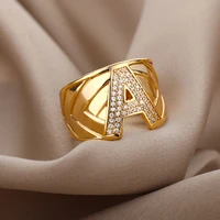 chunky wide hollow a z letter zircon adjustable color opening ring initials name alphabet female party fashion jewelry gift