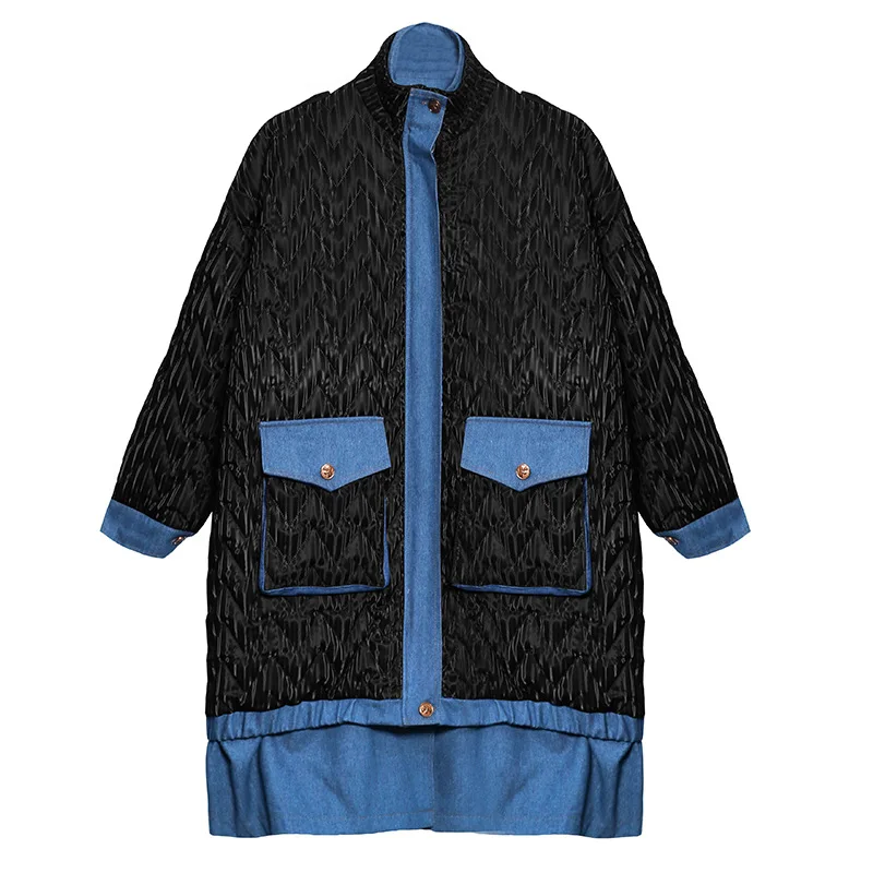 

Vefadisa Fashion Blue Black Denim Patchwork Women Parka 2020 Winter Thick Middle-length Coat Plus Size Women Parka QYF4598