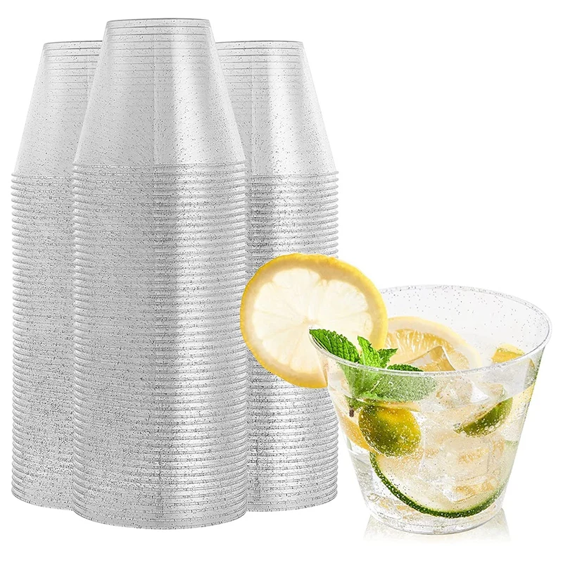 

100 Pack Silver Glitter Plastic Cups 9 Oz Plastic Cups Tumblers, Fancy Disposable Hard Plastic Cups for Wedding Party