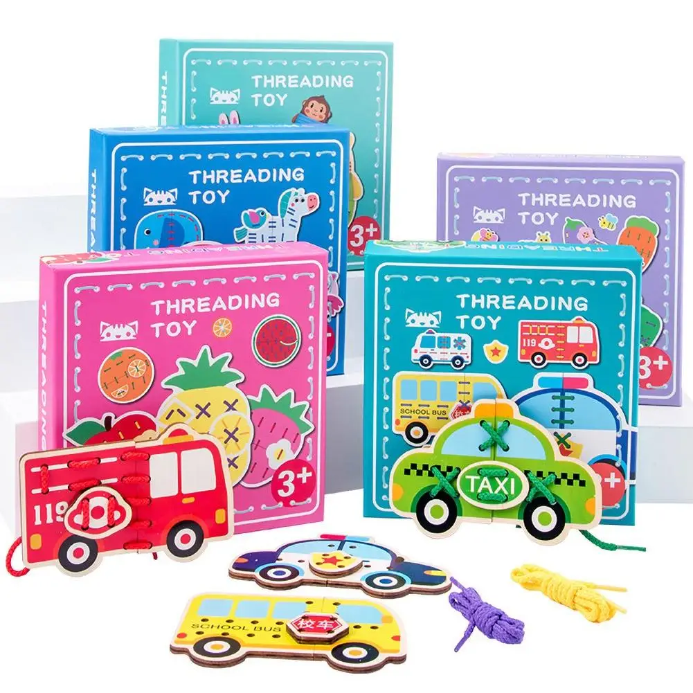 Детские мультяшные фрукты животные овощи деревянный шнуровка блок нитка игра
