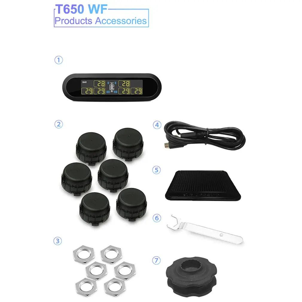 Solar Power Wireless LCD TPMS Tire Pressure Monitoring System with 6 External T650 Sensors for Van RV Trailer | Инструменты