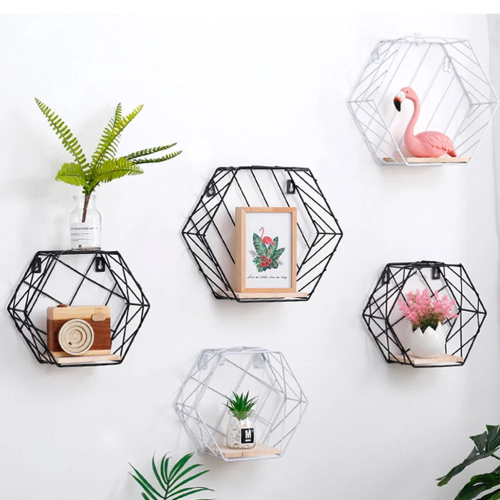 

Iron Hexagonal Mesh Wall Storage Rack Metal Hanging Wall Display Shelf Holder Home Bedroom Decoration