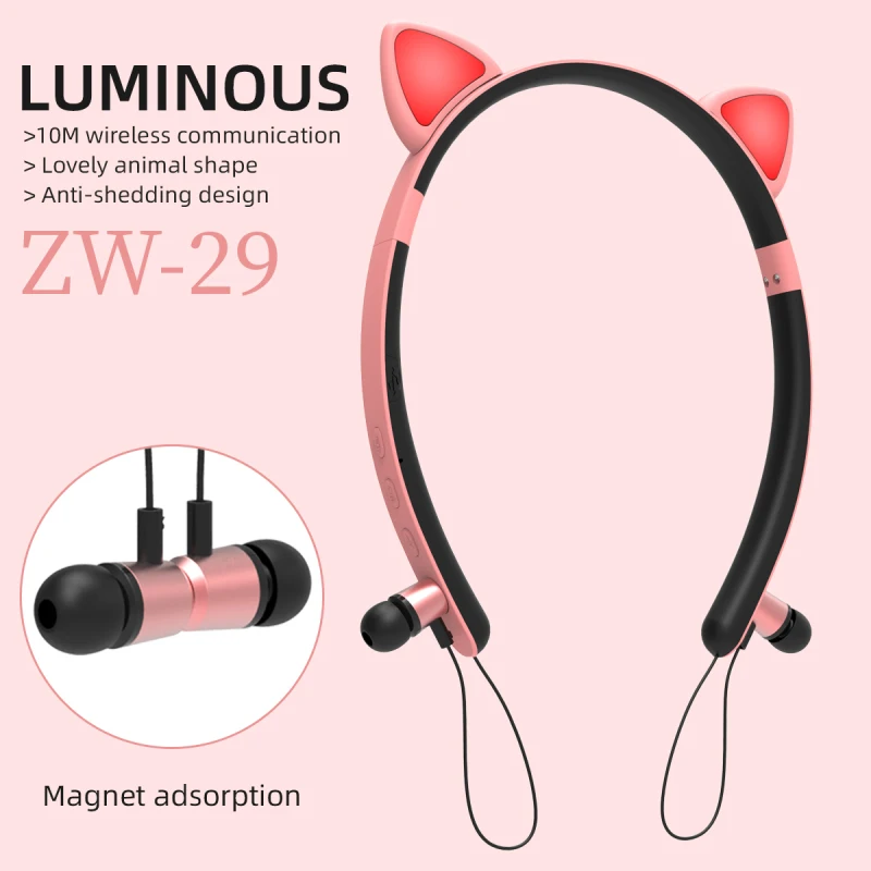 

Girl Hair Band Cat Ear Wireless Bluetooth-compatible Earphones Magnetic Hanging Neck Luminous Headset Stereo Surround Hifi Sound