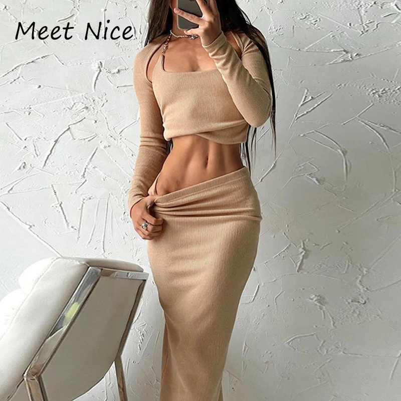 

3 комплекта из трех предметов, модное женское платье с цепочкой, сексуальный топ с шалью и длинная юбка, осенний наряд, подходящие комплекты