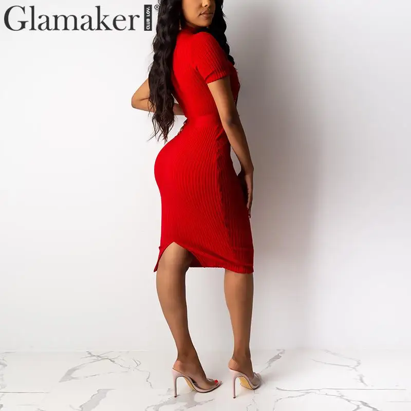 Вязаное платье Glamaker с круглым вырезом Красное Облегающее женское высокой талией
