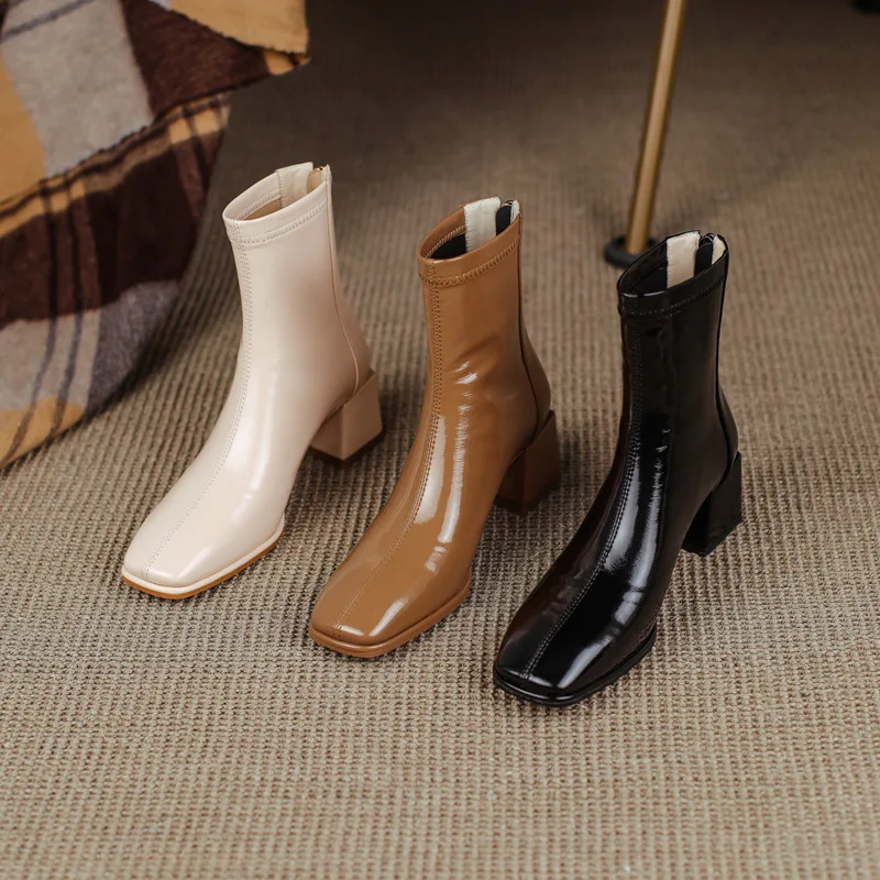 

Женские ботинки на среднем каблуке, прочные кожаные ботильоны на молнии, на платформе и высоком каблуке, однотонные, для осени, 2021