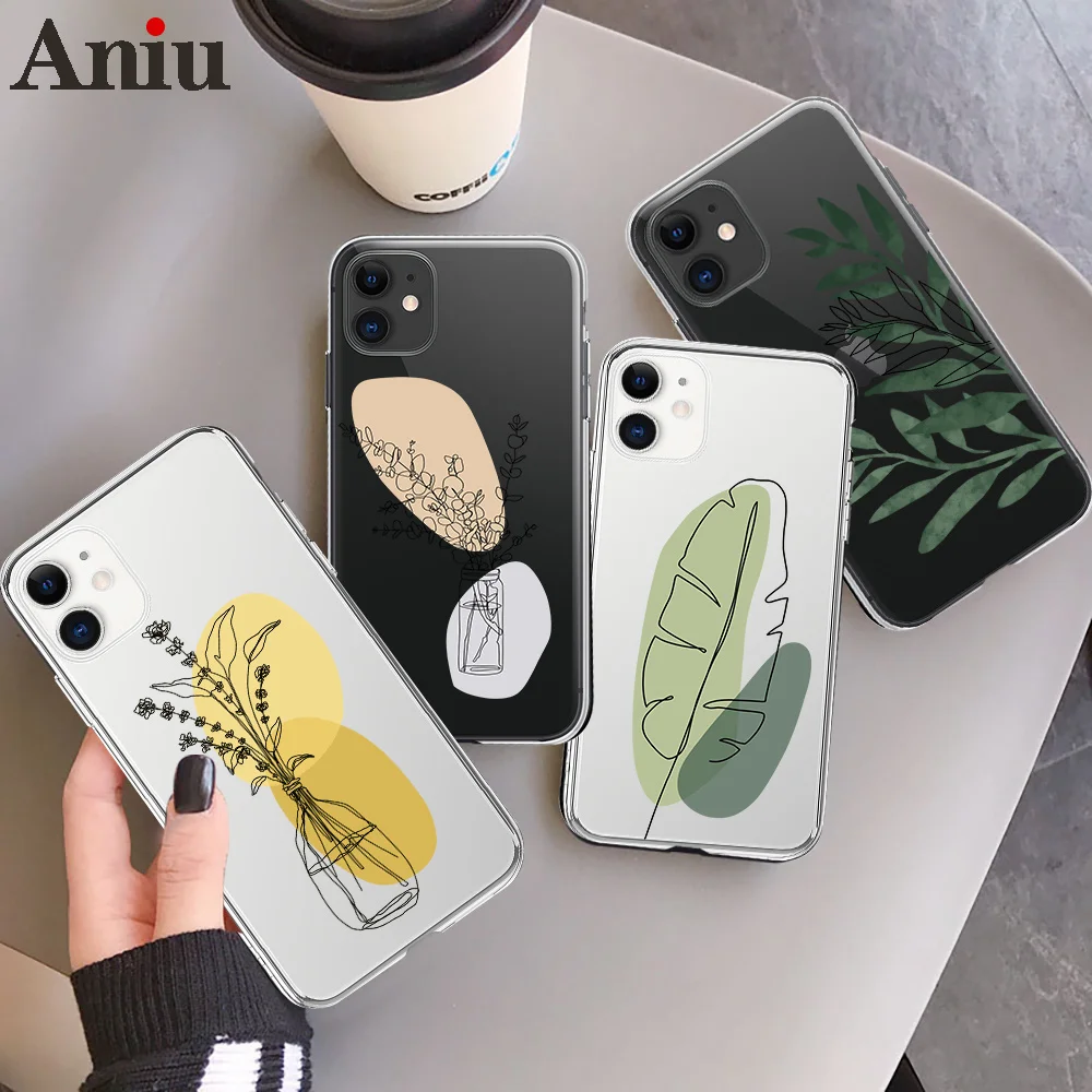 

Simple Plum Blossom Leaf Phone Case For iPhone 13 12 11 Pro Max Mini XS XR X 7 8 Plus SE 2020 Soft Transparent TPU Cover Capa