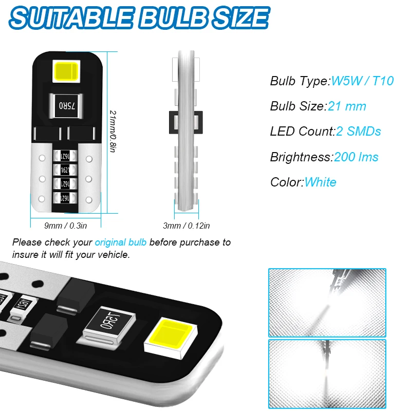 Wholesale 10/20/50 Pcs T10 W5W LED Bulbs 12V 6000K For License Plate Lights Rear Side Marker Parking Taillight |