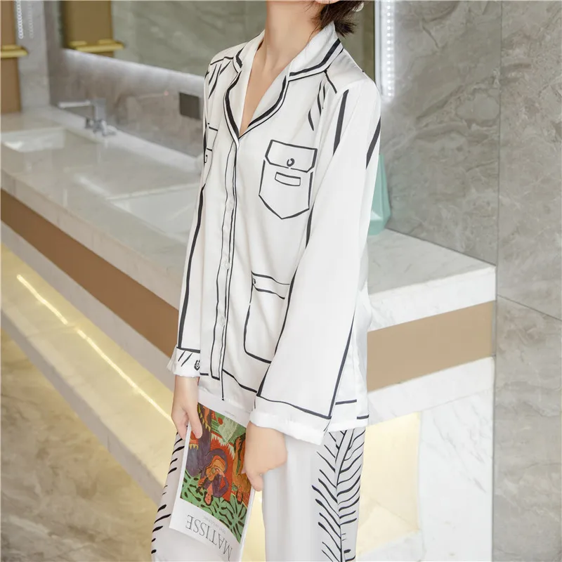 

Novelty Printed Female Pajamas Set White Long Sleeve Pijamas Suit Sleepwear Casual Loose 2pcs Shirt&Pant Silky Satin Homewear