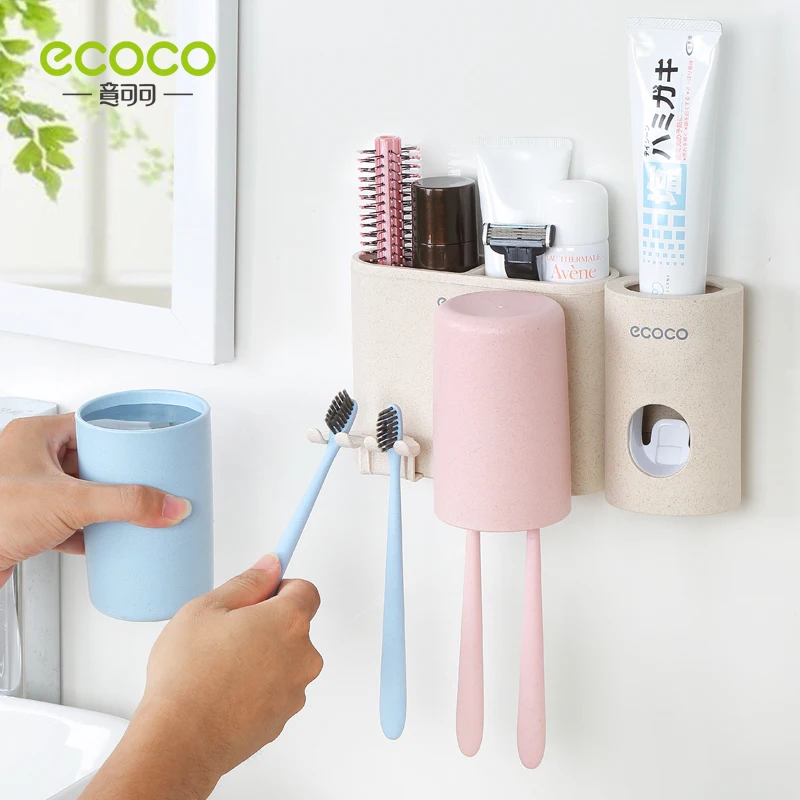 Настенный держатель для зубных щеток ECOCO из пшеничной соломы 2/3/4 чашек семейный